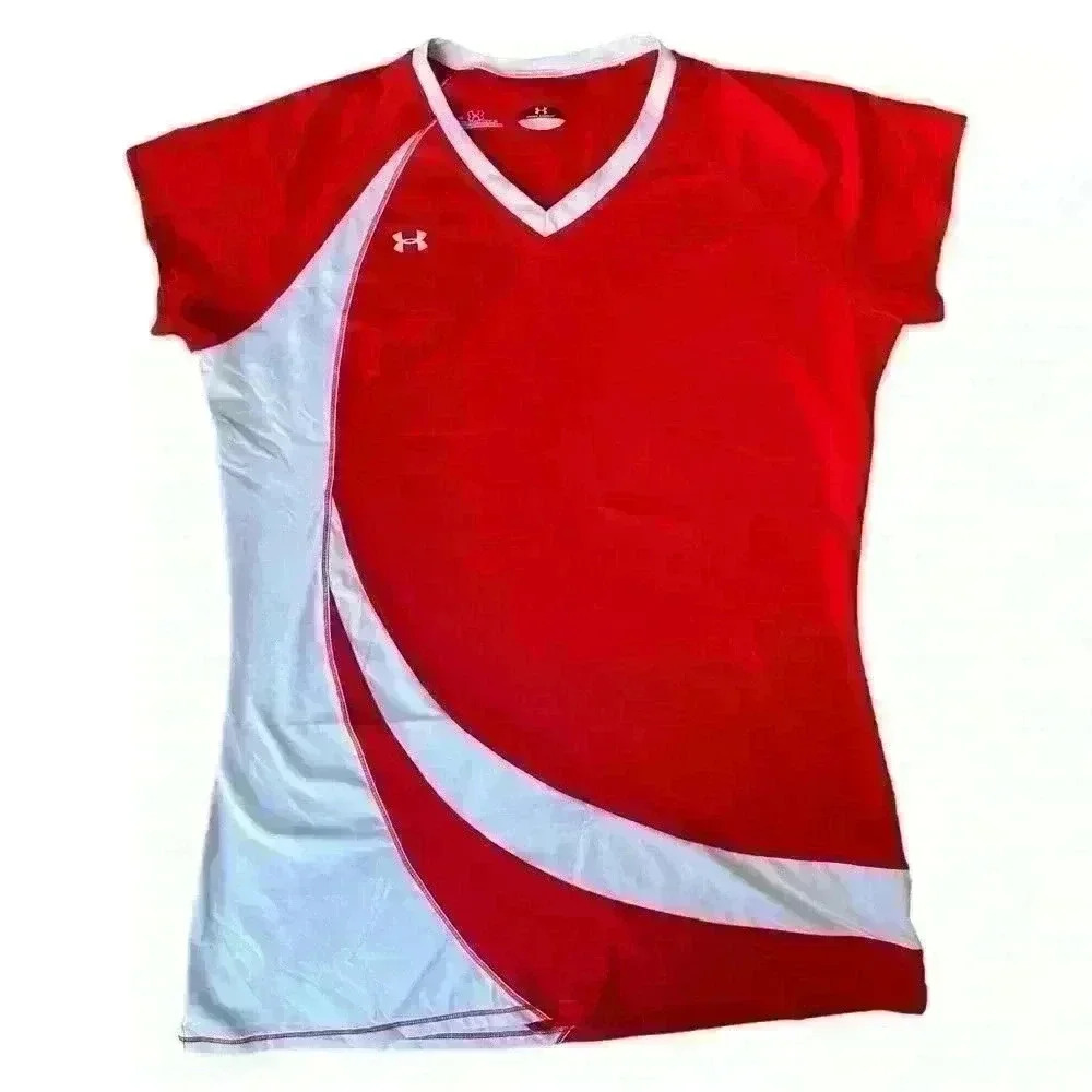 Red and white Under Armour Women’s tee size Large